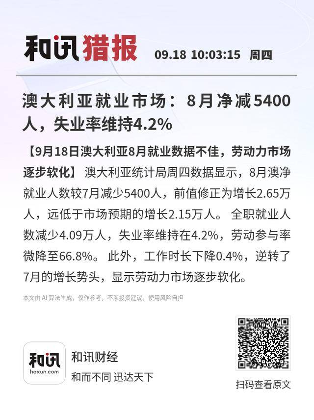 澳大利亚就业市场:8月净减5400人,失业率维持4.2%