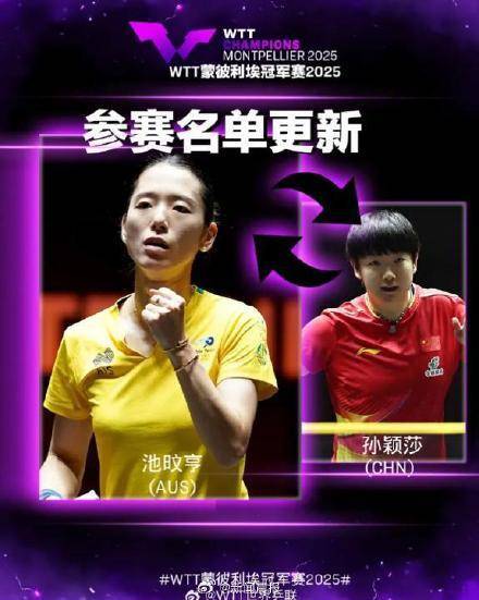 王楚钦、林诗栋、梁靖崑、孙颖莎、王曼昱退出蒙彼利埃冠军赛